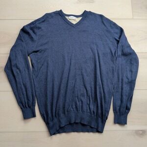John Henric Sweden Blue Cotton V-Neck Sweater Mens Large Elbow Patches